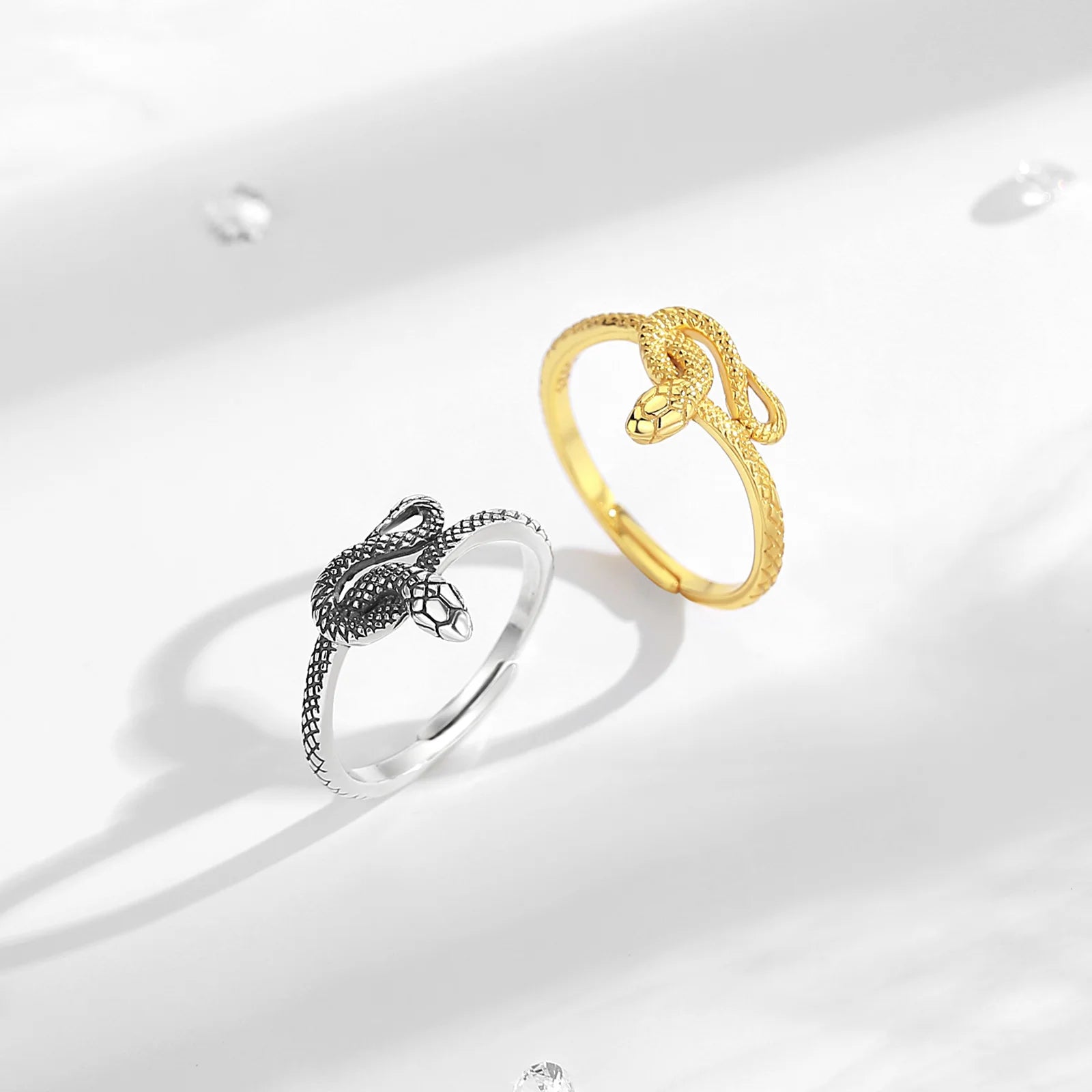 Eudora 925 Sterling Silver Snake Adjustable Ring for Women Man 18K Gold Textures Cobra Punk Ring Personalized Jewelry Party Gift