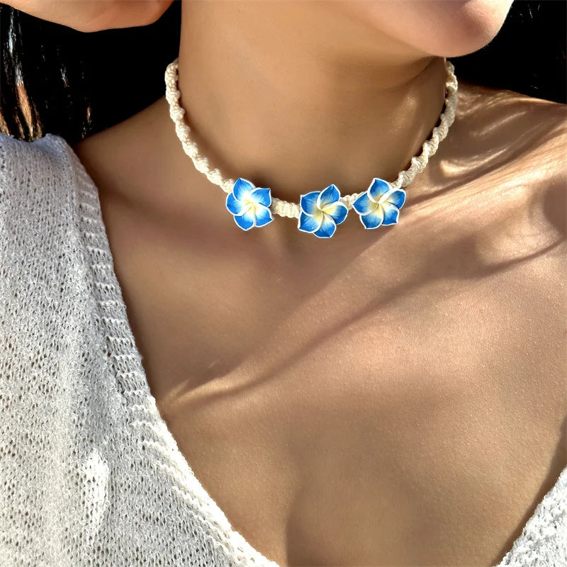 New Bohemian Big Flower Necklace For Women Red Yellow Green Flowers Braided Necklace Girls Beach Party Wedding Charm Jewelry