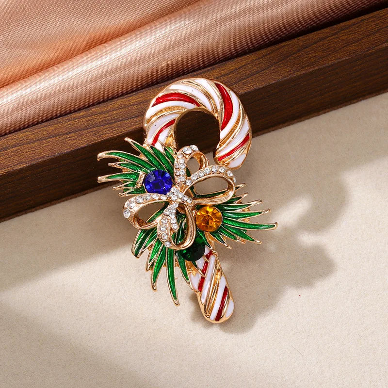 Christmas Colorful Enamel Brooches for Women Unisex Rhinestone Xmas Tree Gift Box Candy Rod Crutch Brooch Pins Party Jewelry