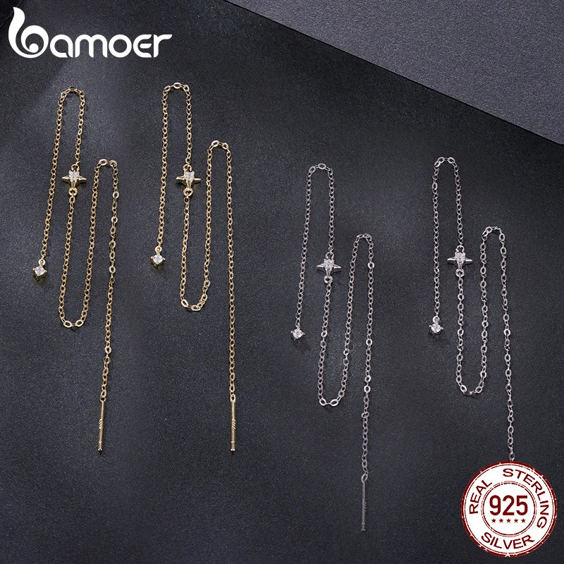 Bamoer Moissanite Long Chain Drop Dangle Earrings, 925 Sterling Silver Star Tassel Threader Double Piercings Convertible Earring