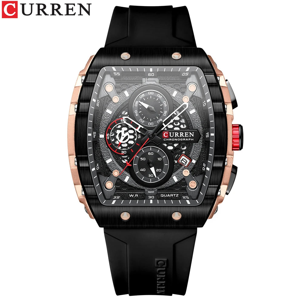 CURREN Fashion Sports Watches with Large Dial Unique RectangularHollow Design Quartz Wristwatches with Chrongraph Auto Date 8442