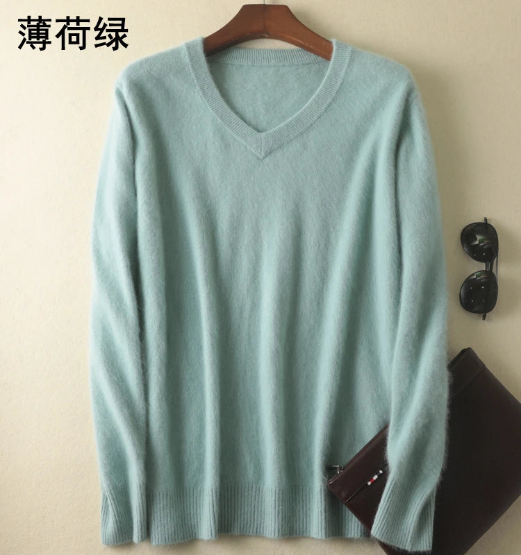 LHZSYY Men's 100% Mink Cashmere Large Size Sweaters Autumn Winter Solid V-neck Casual Knit Pullovers Men Long Sleeve Warm Jumper - Madeinsea©