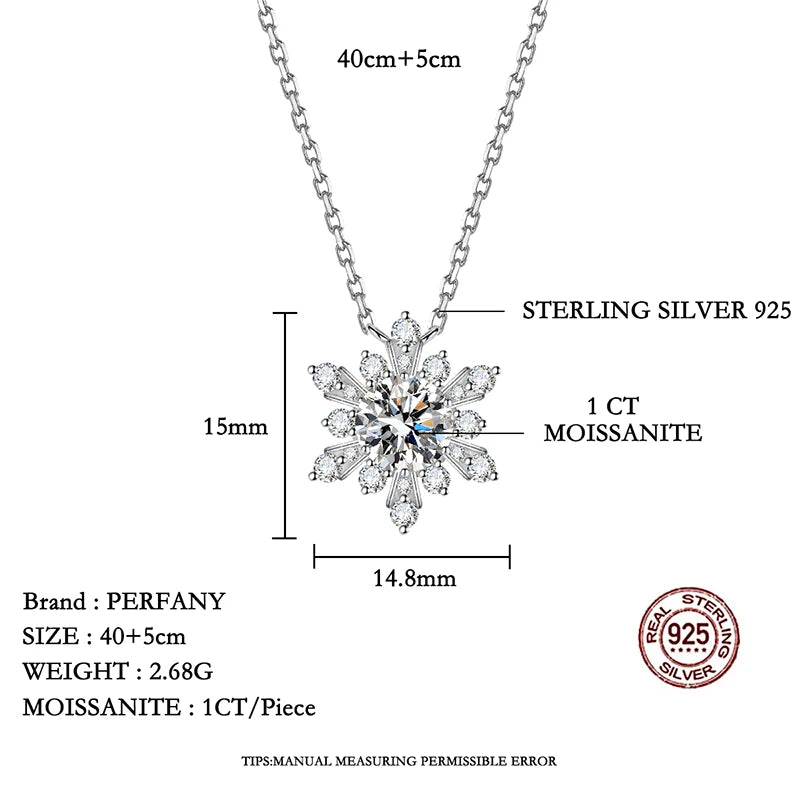 PERFANY 1CT moissanite necklace for women S925 pure silver snowflake design laboratory diamond pendant luxury party jewelry