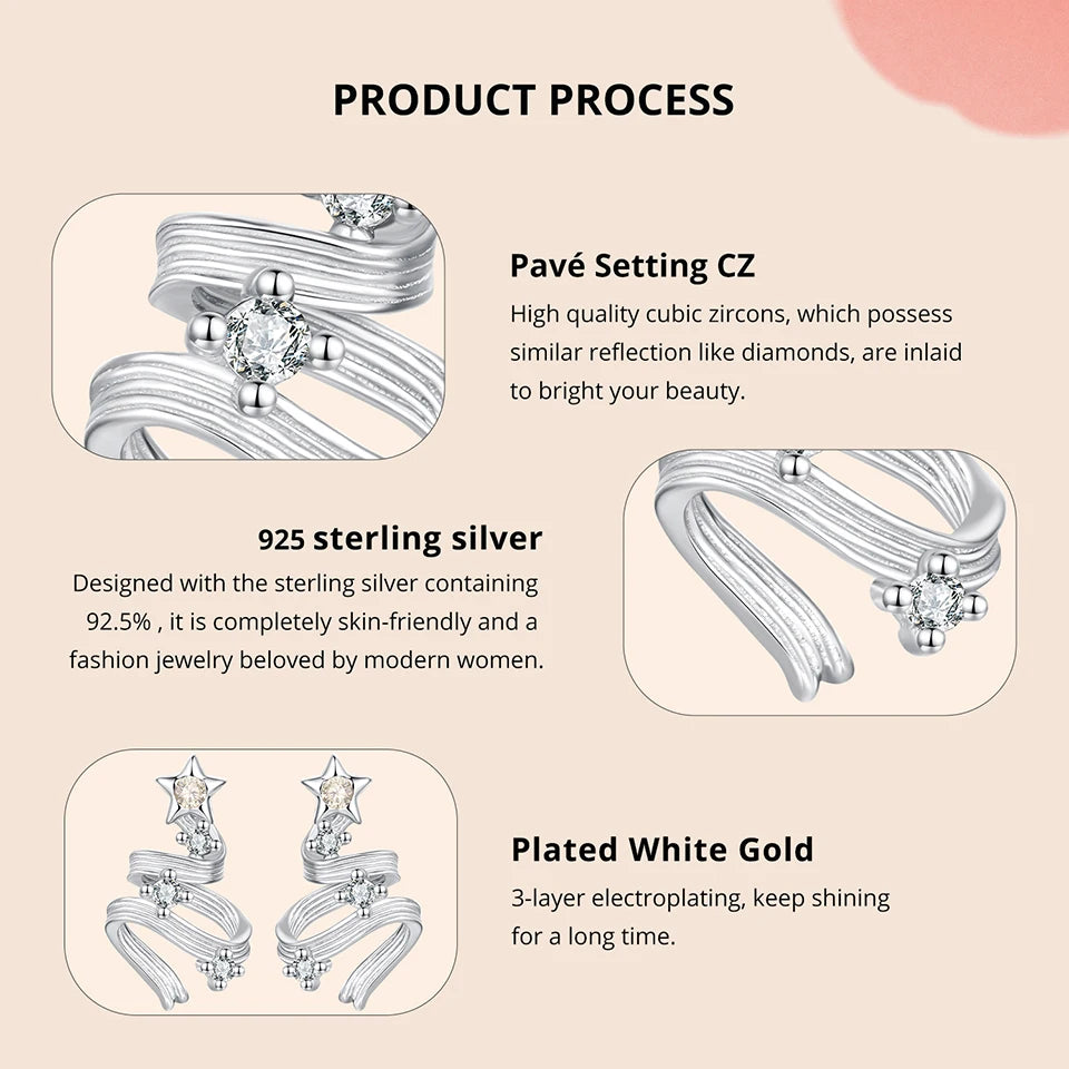 WOSTU Solid 925 Silver Christmas Tree Star Stud Earrings For Women, AAA Cubic Zirconia Bar Studs Luxury New Year jewelry gift