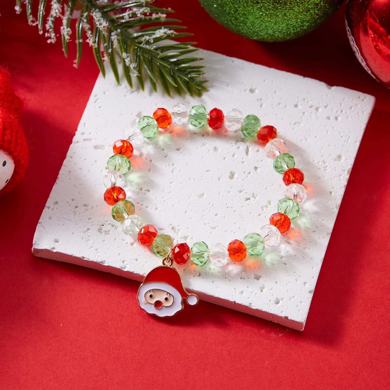Cute Christmas Crystal Beaded Bracelet For Women Santa Claus Xmas Tree Snowflake Pendant Beads Bangle Party New Year Jewelry