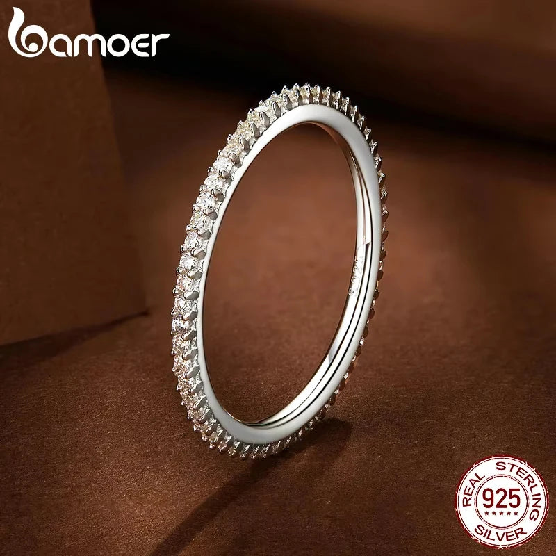 BAMOER Simple Moissanite Eternity Bands Minimalist Stackable Ring 925 Sterling Silver for Women Engagement Fine Jewelry Gift