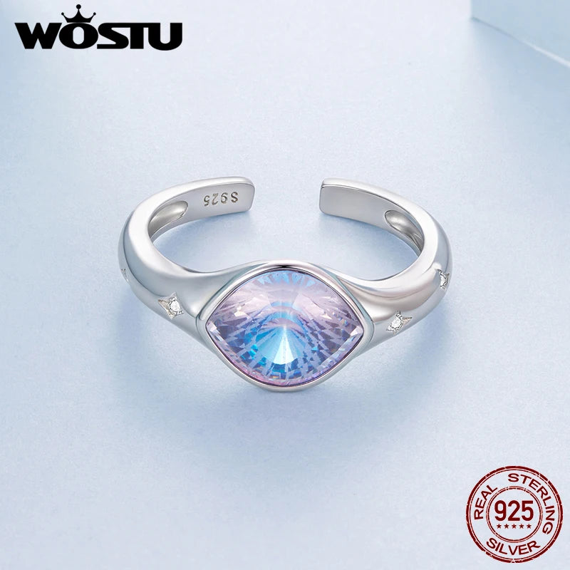 WOSTU 925 Sterling Silber Riesiger Ring mit offenem Nazar-Auge und Regenbogenkristall, Luxuriöser Statement-Ring mit Schutzauge, Geschenk für Cocktailpartys