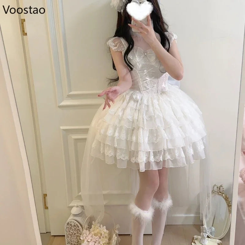 Japanese Kawaii Lolita Jsk Dress Elegant Women Sweet Bow Lace Ruffles Wedding Princess Mini Dresses Girls Gothic Y2k Party Dress