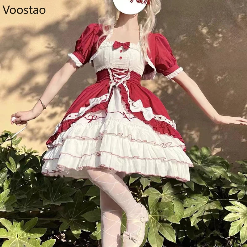 Victorian Vintage Lolita Dress Women Gothic Y2k Puff Short Sleeve Laminated Flounces Mini Dresses Bow Ruffles Princess Vestidos - Madeinsea©