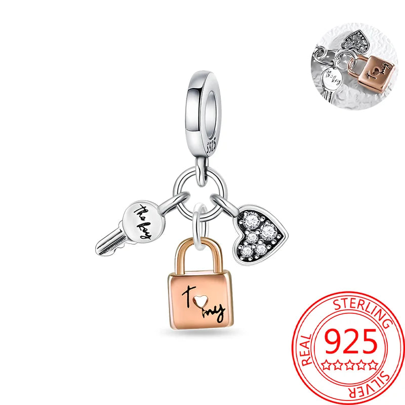 925 Sterling Silver Real Rose Gold Pink Octopus Summer Turtle Heart Dangle Charm Fit Original Bracelet Necklaces Bracelet Girl