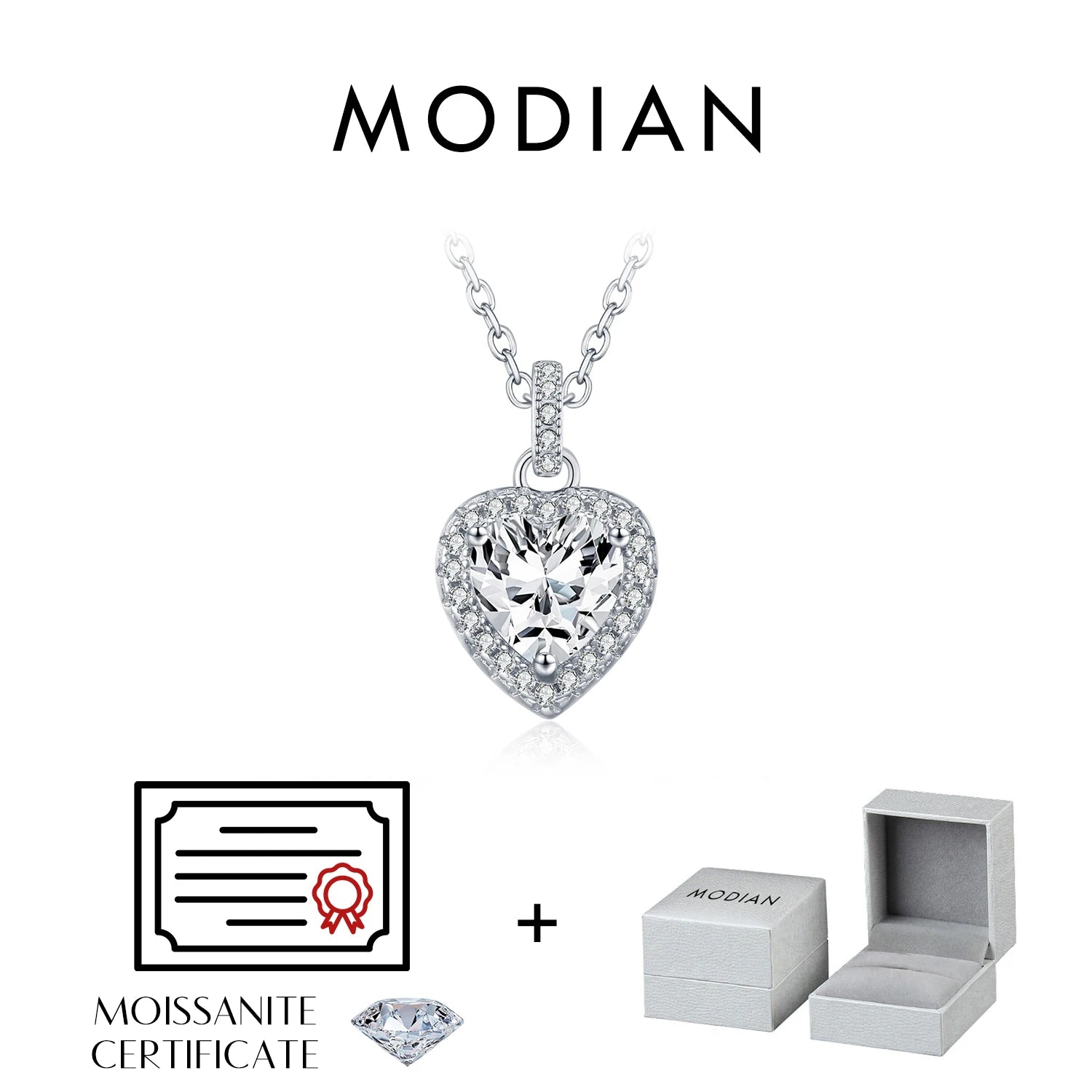 MODIAN 1CT Dazzling Moissanite Halo Necklace 925 Sterling Silver Heart Wedding Gfits Pendant Necklace For Women Fine Jewelry