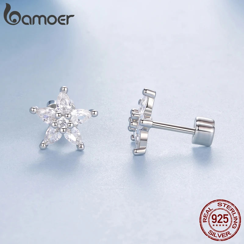Boucles d'oreilles BAMOER Mini Étoile en argent sterling 925, hypoallergéniques, serties de zirconiums cubiques, en forme de fleur. Bijou brillant à offrir aux femmes et adolescentes.