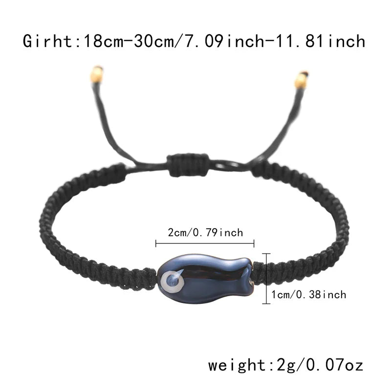 Handgeflochtenes schwarzes Seilarmband für Damen, bunte Keramikfische, verstellbares geflochtenes Armband, böhmischer Freundschaftsschmuck