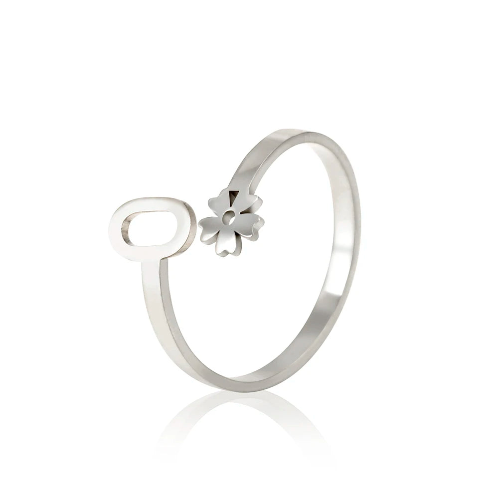 Stainless Steel Flower 26 Alphabet Open Ring for Women A-Z Initial Name Ring 2022 New Fashion Jewelry for Birthday Gift