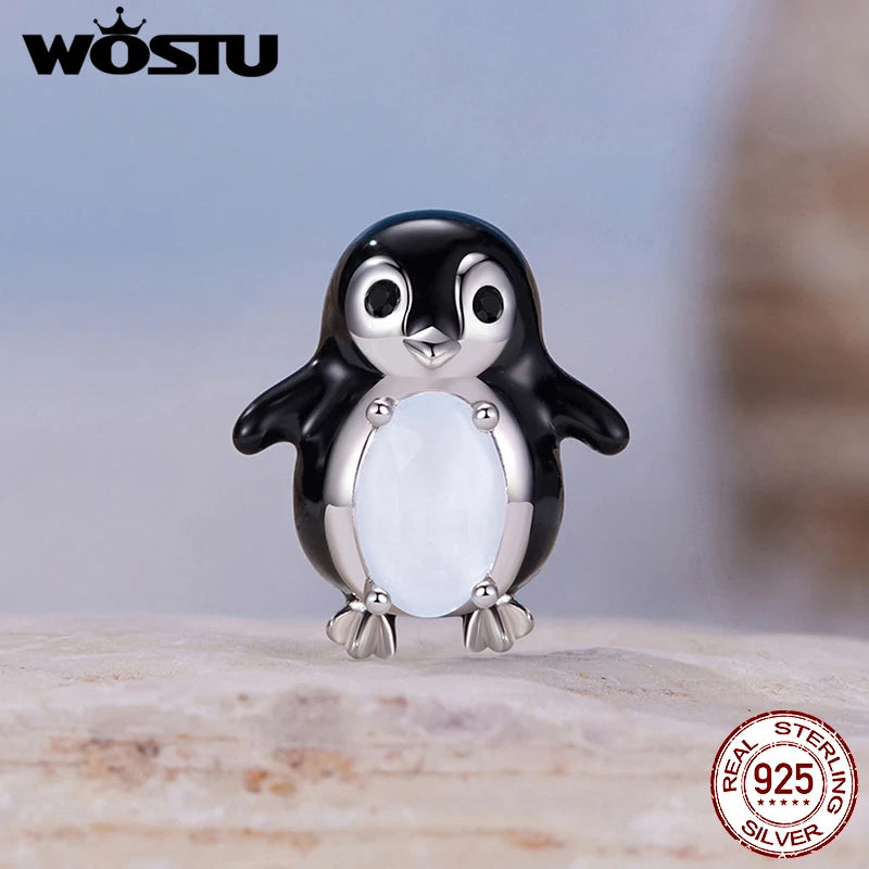 WOSTU 925 Silver Winter Snowflake Charm Penguin Pendant Blue Murano Glass Bead Fit DIY Bracelet Necklace Jewelry Making DIY Gift