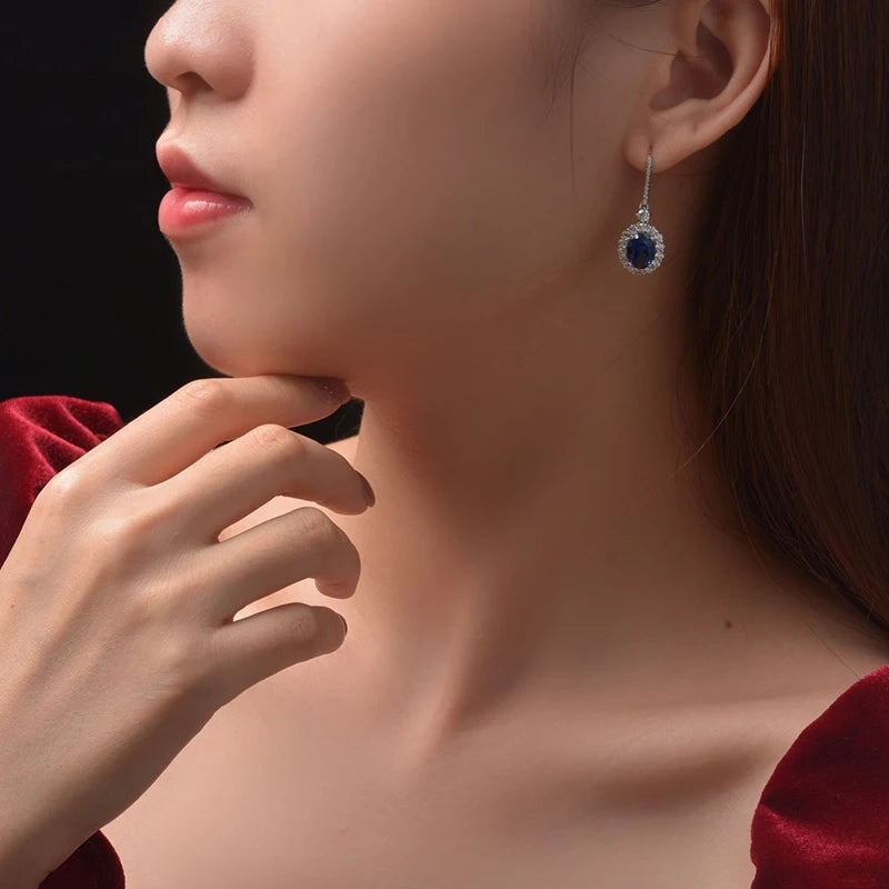 OXTAO 2CT Blue Oval Zircon Luxury Hook Earrings 925 Sterling Silver Temperament Gemstone Earrings for Women Fashion Jewelry Gift