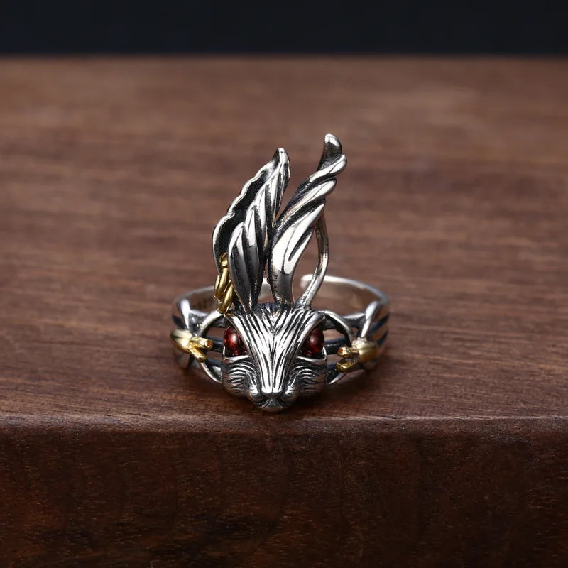 MKENDN Vintage 100% 925 Sterling Silver Big Ear Rabbit Ring With Red Eyes For Men and Women Gothic Street Hip Hop Punk Jewelry