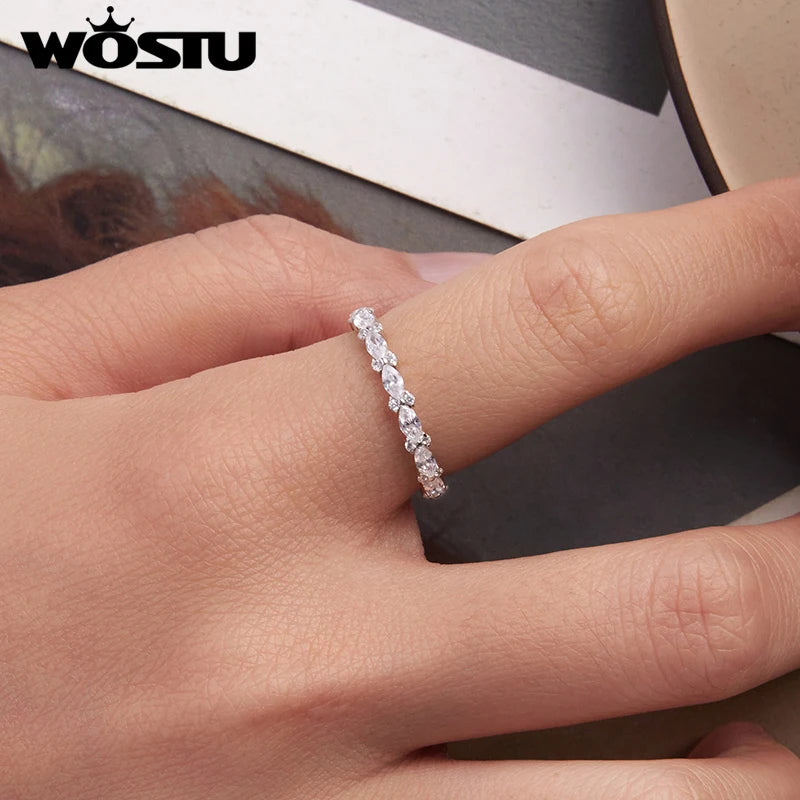 WOSTU 925 Sterling Silver Sparkling Heart Band Ring Single Side Ring Zircon White Gold for Women Wife Anniversary Fine Jewelry