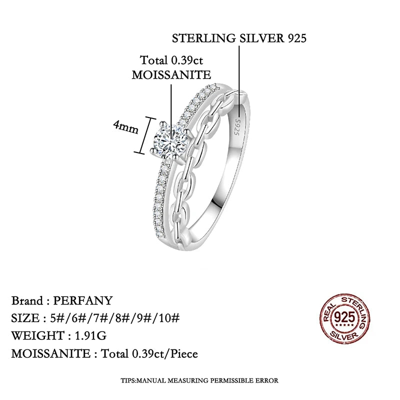 PERFANY 0.39CT All Moissanite Rings Women S925 Pure Silver Chain Double Layer Laboratory Diamond Luxury Party Jewelry