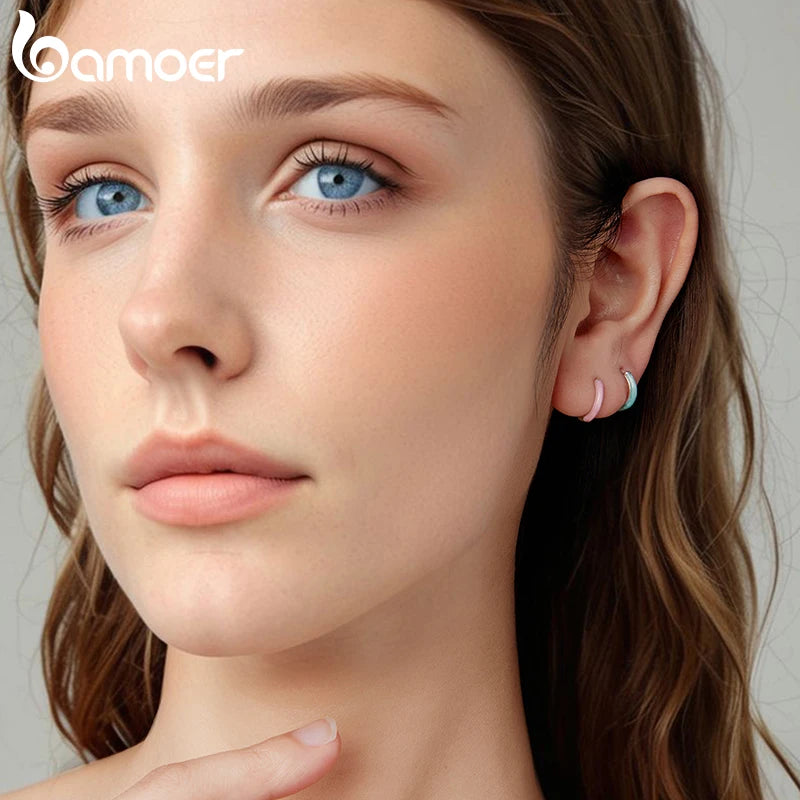 BAMOER 925 Sterling Silver Colorful Round Hoop Earrings for Women, Dopamine Piercing Huggie Earrings for Women Teens Girls Gift