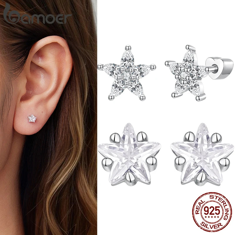 BAMOER 925 Sterling Silber Mini-Stern-Ohrstecker, hypoallergen, mit Zirkonia besetzt, Blumenohrringe für Damen und Teenager, funkelndes Schmuckgeschenk