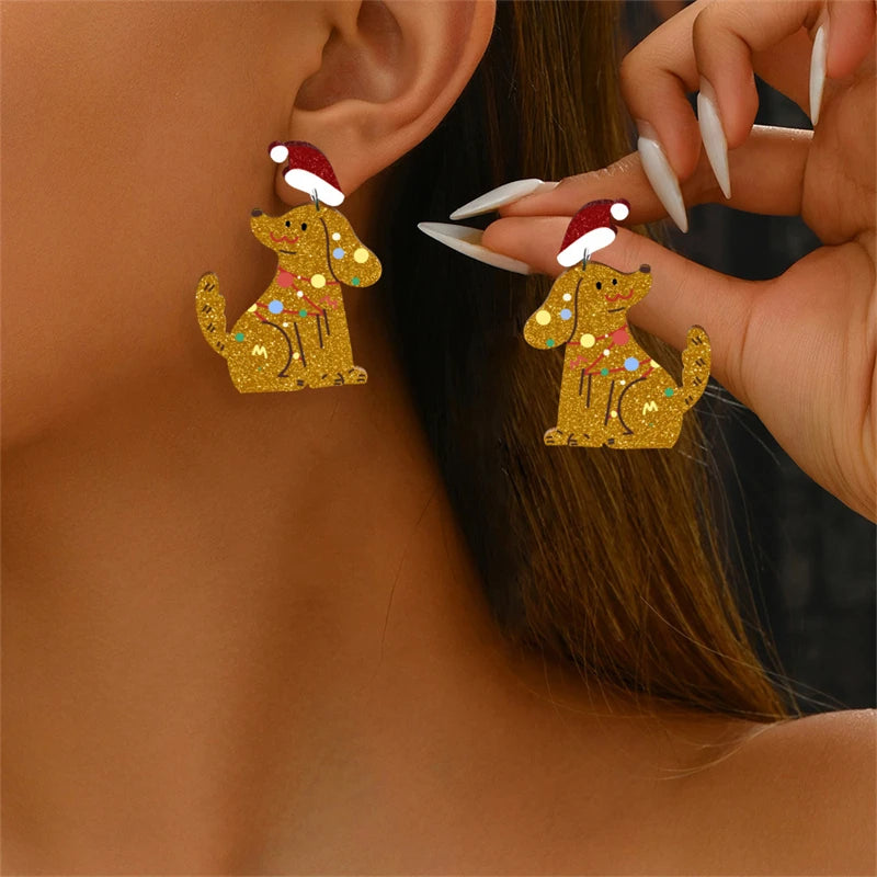 Christmas Gingerbread Man Santa Claus Asymmetrical Dangle Earring for Women Cute Xmas Hat Dog Kitten Acrylic Earrings Jewelry
