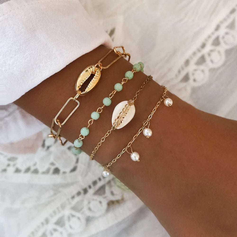 Trendy Geometric Link Chain Bracelet Set For Women Rhinestones Gold Color Leaves Heart Pendant Open Cuff Bangle Girls Jewelry - Madeinsea©