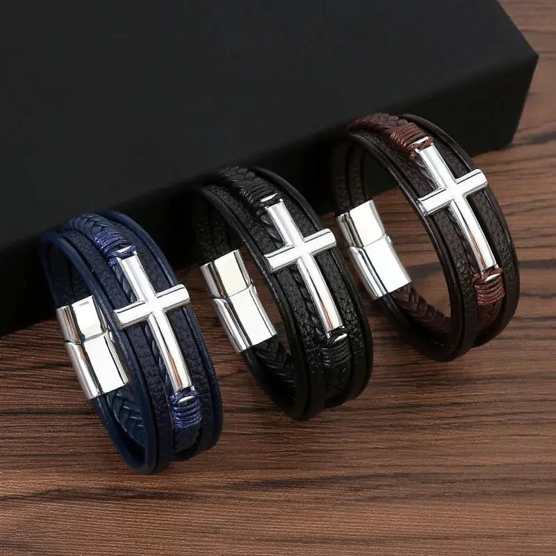 Classic Men's Leather Bracelet Cross Charm Choose Multilayer Hand Woven Bracelets Male Bangles Gifts Jewelry 19/21/23cm