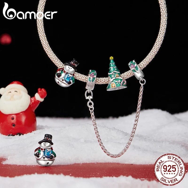 BAMOER Solid S925 Silver Xmas Snowman Charm Bead fit Original Bracelet DIY Bamoer Charm for Jewelry Making Christmas Gift
