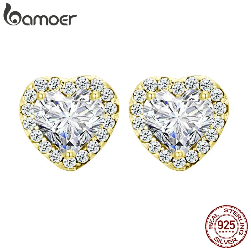 BAMOER 18K Gold Heart CZ Stud Earrings 925 Sterling Silver Hypoallergenic Classic Halo Earrings Circle Setting Women Dating Gift