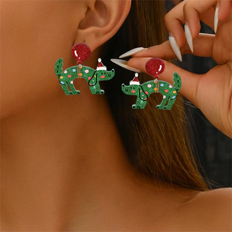 Christmas Gingerbread Man Black Cat Acrylic Dangle Earring for Women Cute Animal Elk Dog Xmas House Pendant Earrings Jewelry