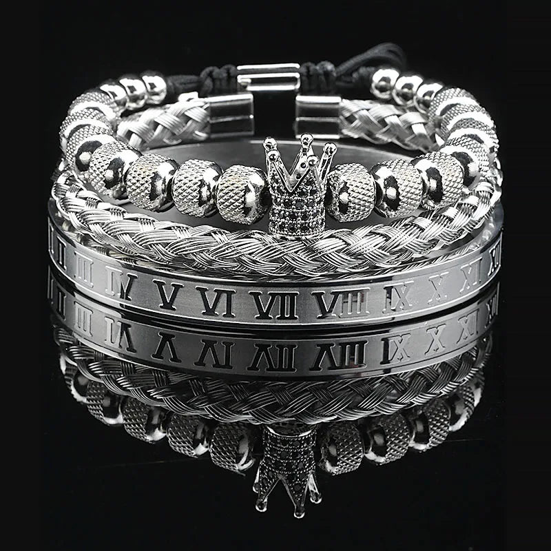 Luxury Black Stone Beads Leopard Head Man Bracelet Enamel Stainless Steel Roman Bangles Women Jewelry Set