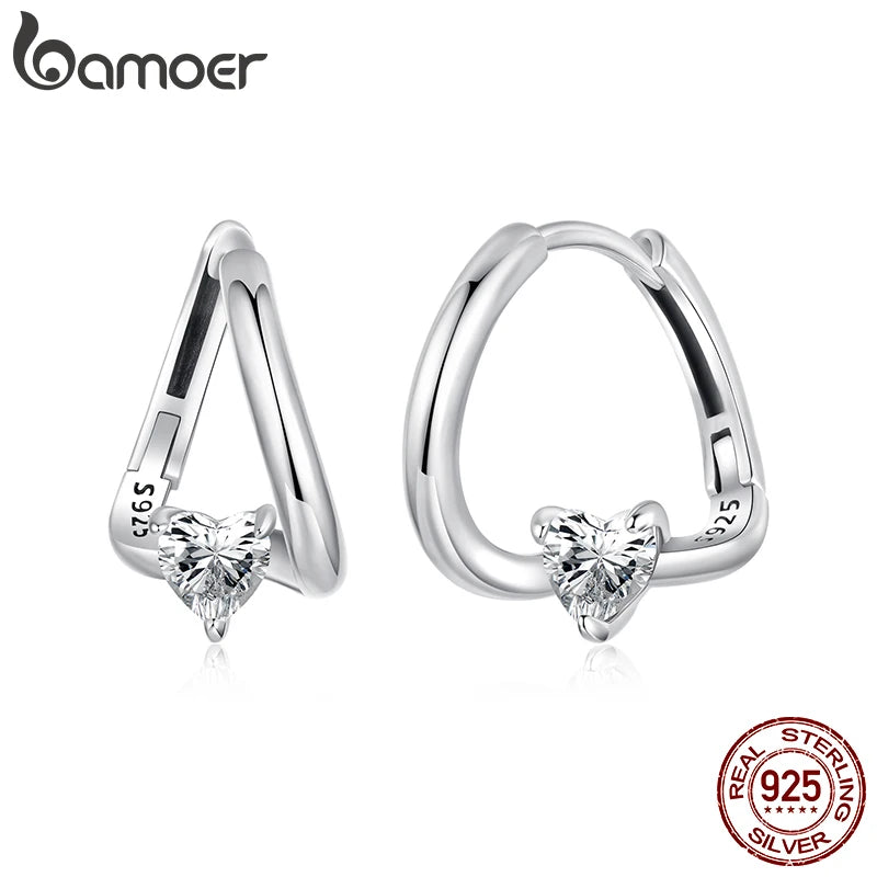 BAMOER 925 Sterling Silver Twisted Hoop Earrings Heart Zircons Geometric Earrings for Women, Hypoallergenic Unique Jewelry Gift