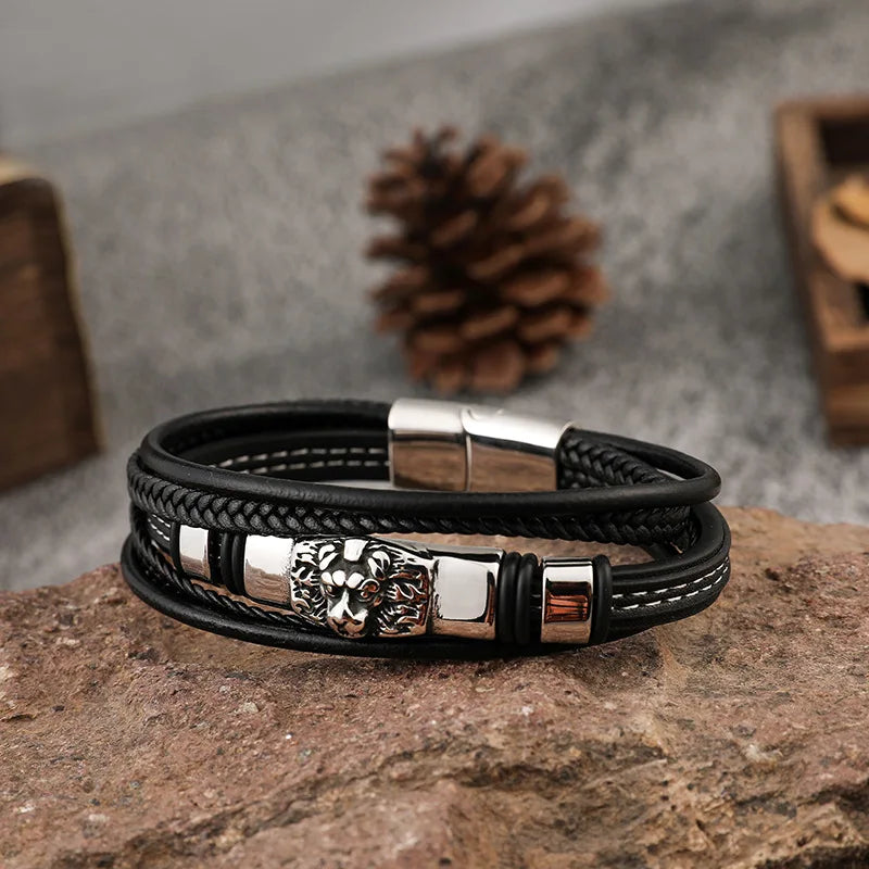 MKENDN Trendy Genuine Multilayer Leather Bracelet Classic Animal Lion Head Accessories Men Stainless Steel Leather Wristband