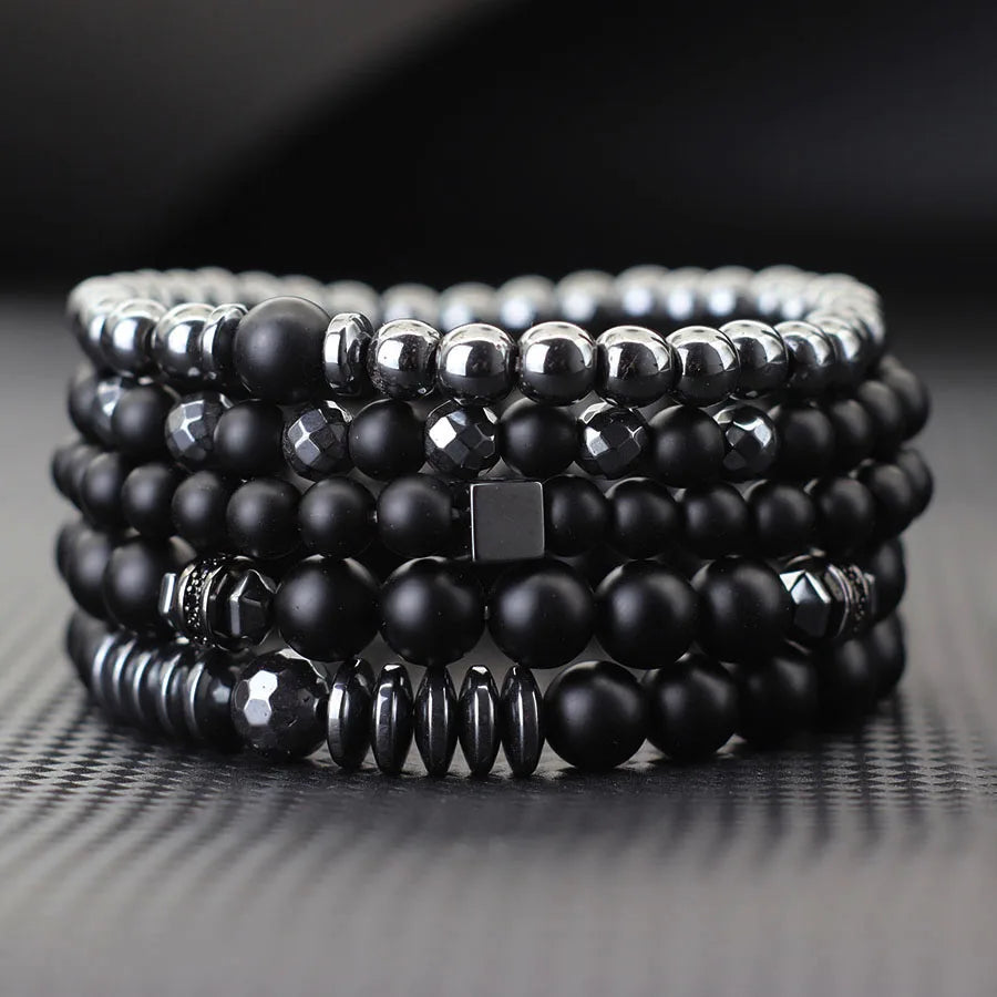 Stylish Men Bracelet Set Luxury Zirconia Wrap Braslet Black Onyx Hematite Healing Braclet Birthday Gift For Boyfriend Beaded