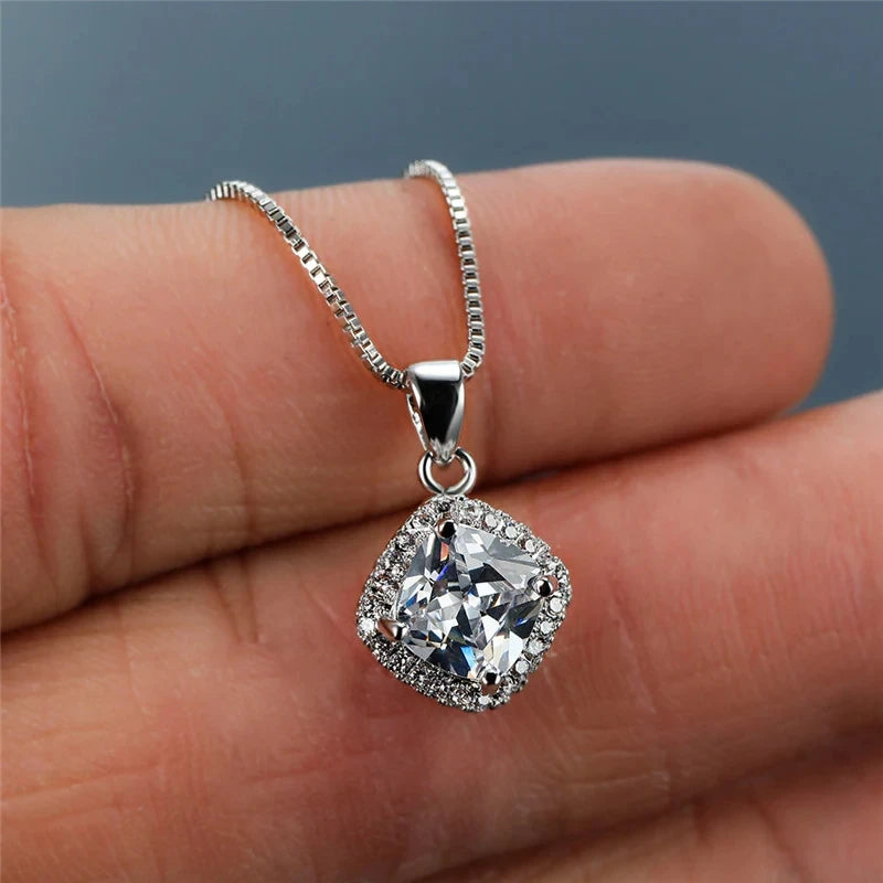 Huitan Elegant Cushion Shape Cubic Zirconia Pendant Necklace Silver Color Box Chain Exquisite Women Accessories Fashion Jewelry