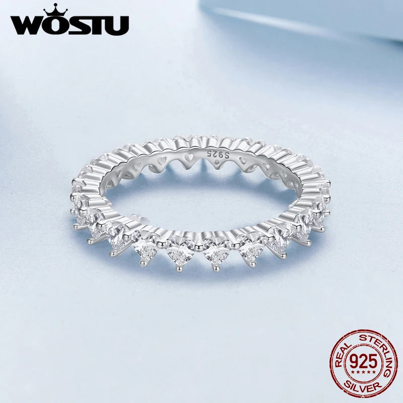 WOSTU 925 Sterling Silver Sparkling Heart Band Ring Single Side Ring Zircon White Gold for Women Wife Anniversary Fine Jewelry
