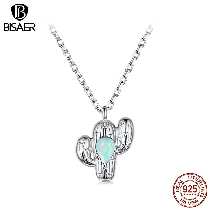 BISAER 925 Sterling Silver Cactus Pendant Necklace Water-drop Opal Chain Plated White Gold For Women Party Fine Jewelry ECN536