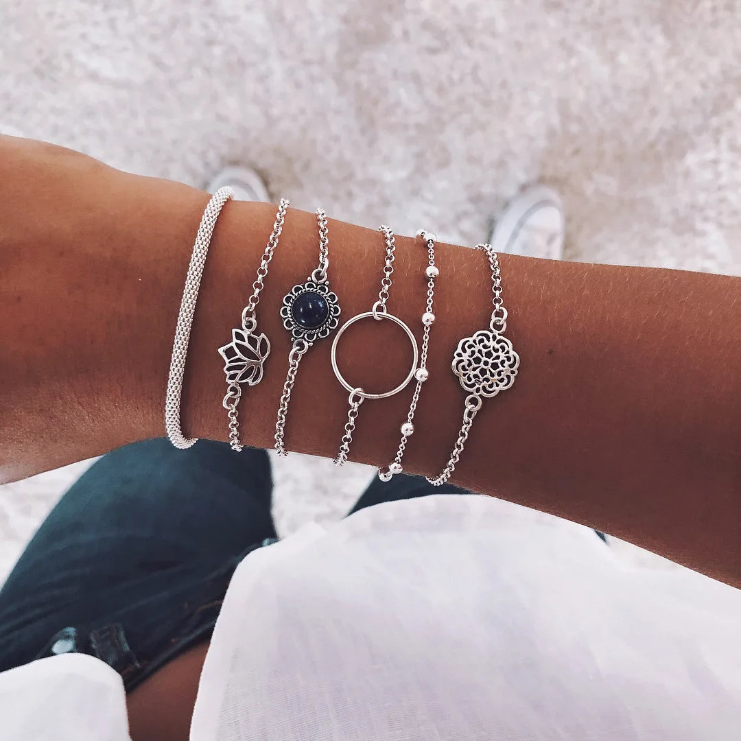 Trendy Geometric Link Chain Bracelet Set For Women Rhinestones Gold Color Leaves Heart Pendant Open Cuff Bangle Girls Jewelry - Madeinsea©