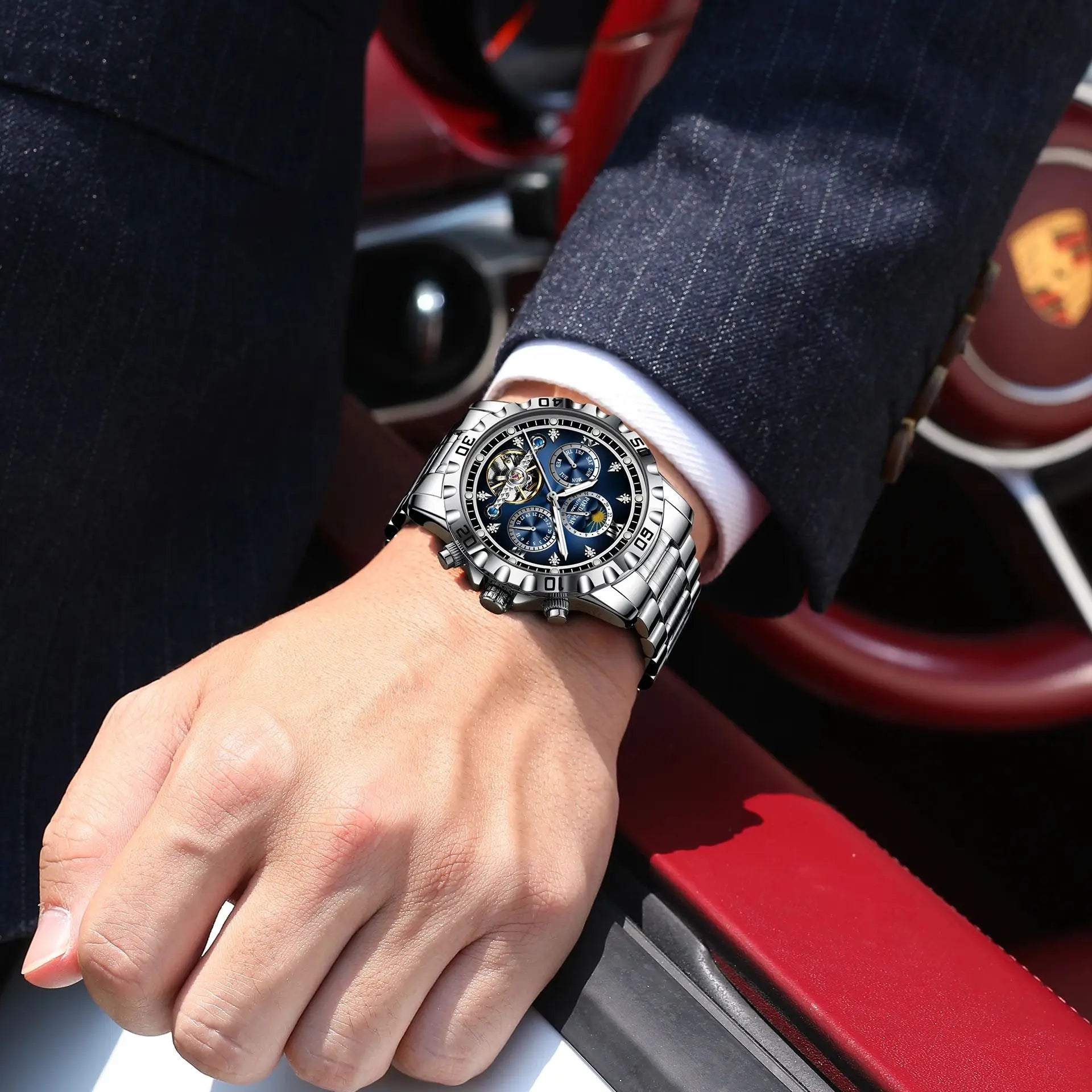 POEDAGAR Business Top Watch For Man Hollow Tourbillon Automatic Men's Watches Date Week Mechanical Stainless Steel Men Clock+Box
