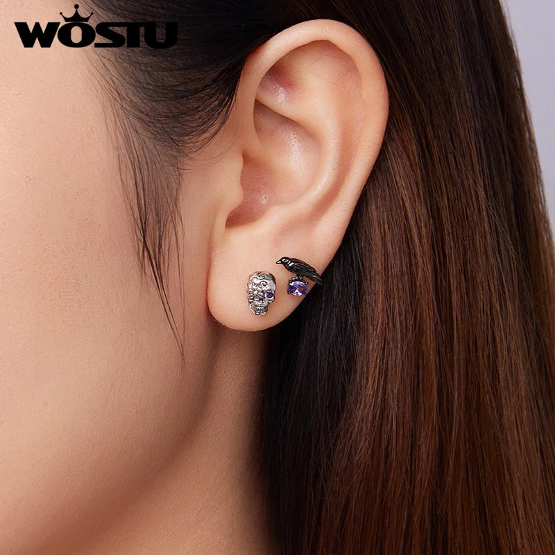 WOSTU 925 Sterling Silver Ghost Stud Earrings Skull/Spider/Crow /Hand Dark for Women Girl Halloween Party Fine Jewelry Gift