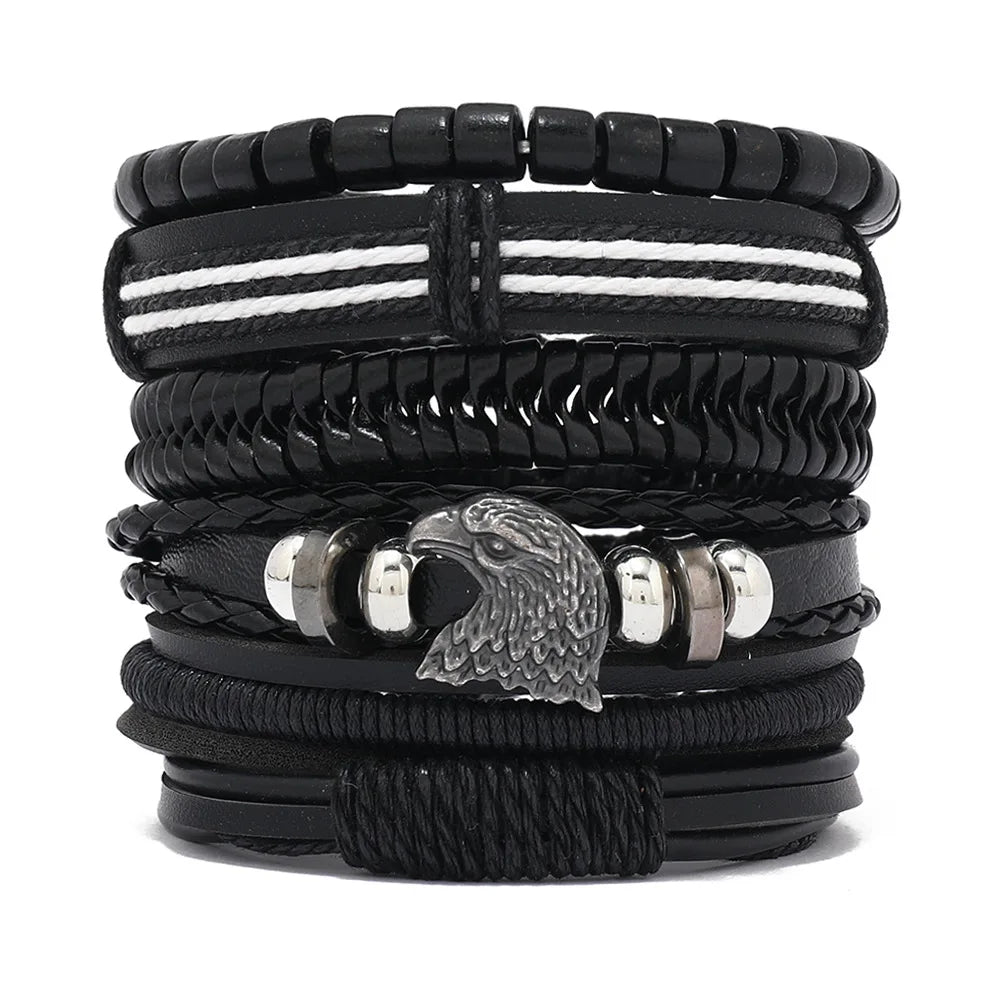 Fashion Black Skull Multi-layer Beaded Hand Leather Bracelet for Men Set Adjustable DIY Leather Winding Hand Rope