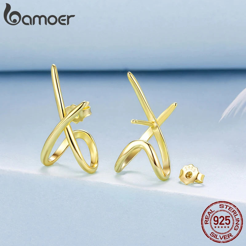 BAMOER Ohrstecker aus 925er Sterlingsilber in X-Form für Damen, vergoldete, hypoallergene Ohrringe, schickes Schmuckgeschenk für jeden Tag