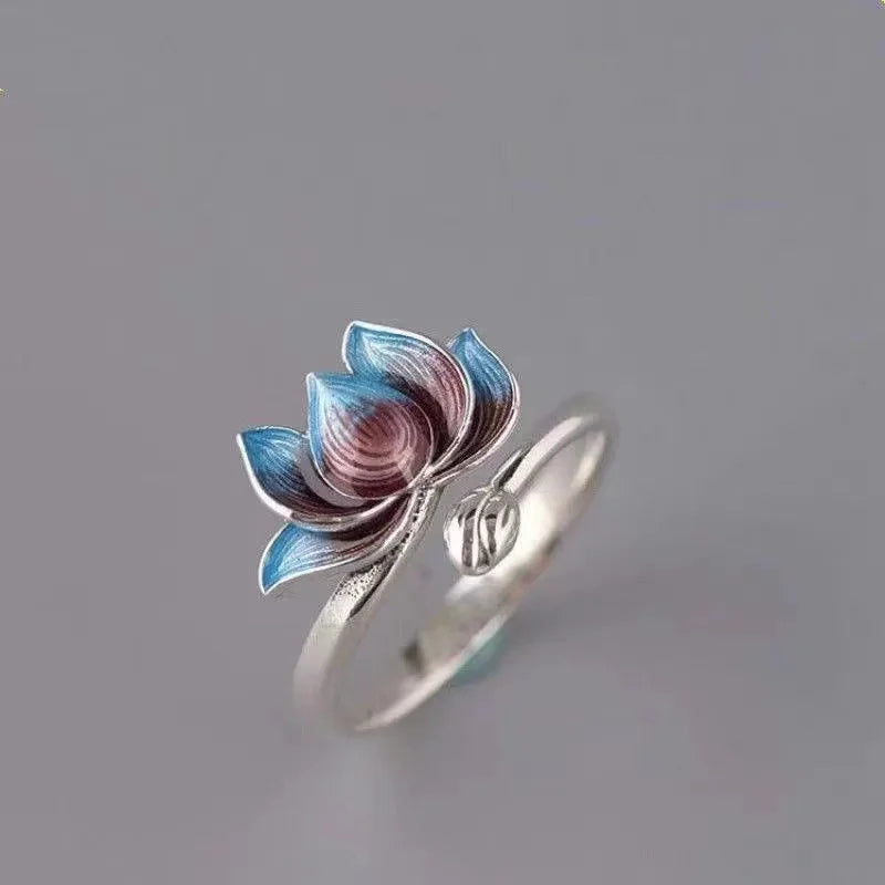 Vintage Lucky Koi Fish Open Ring For Women Fashion Silver Plated Copper Blue Lotus Rabbit Finger Rings Wedding Party Jewelry