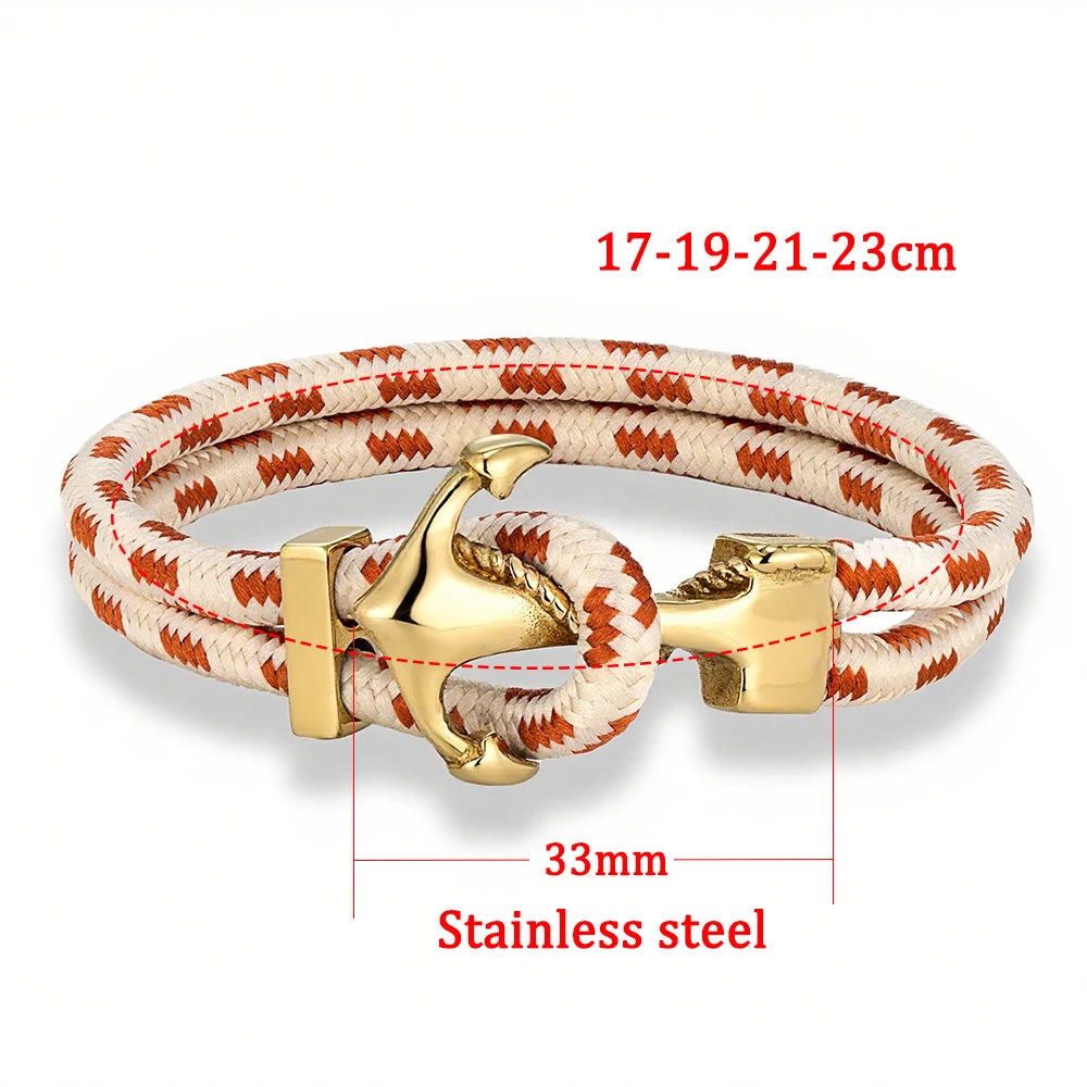 MKENDN Anker-Armbänder Herren Doppelsträngiges nautisches Surfer-Armband aus wasserdichtem Nylonseil Damen vergoldetes 316L Sport-Schließe