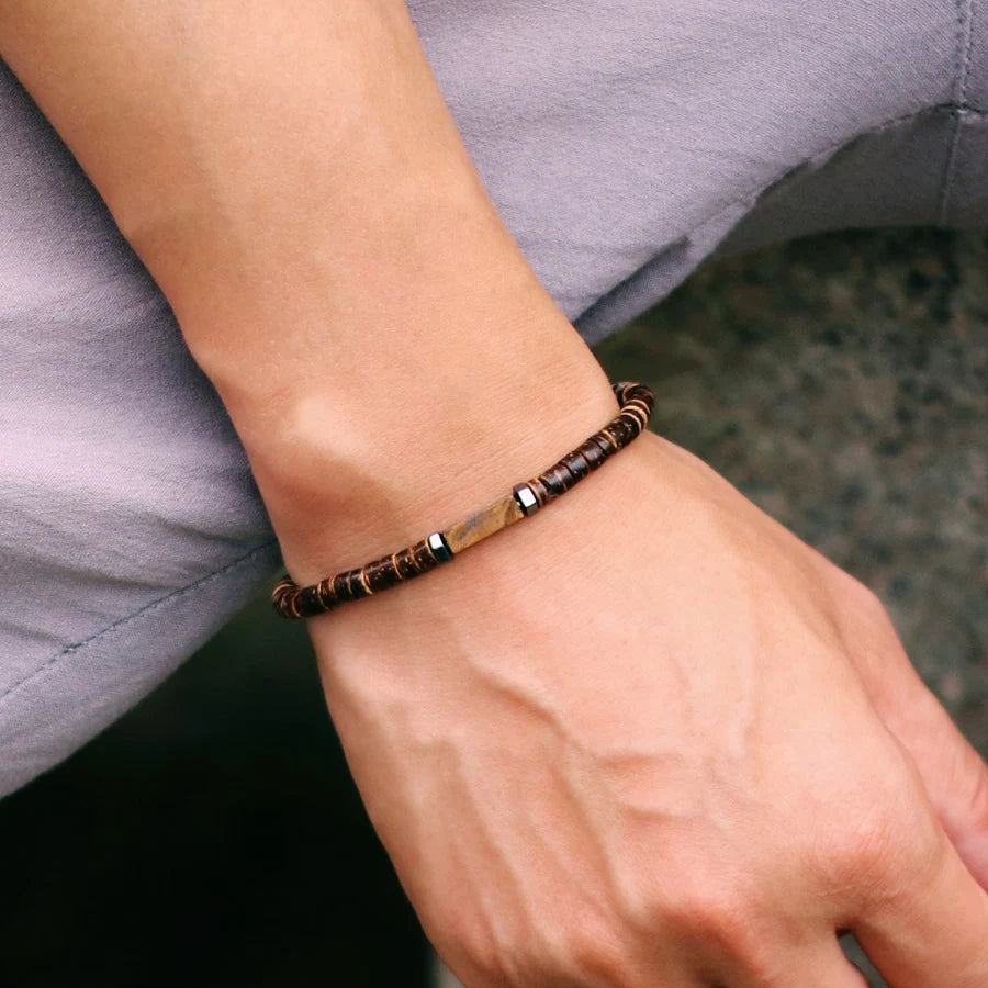 New Natural Coconut Husk Bracelet For Men Premium Tiger Eyes Black Flash Gemstone Stretch Beaded Braclet Yoga Wooden Braslet