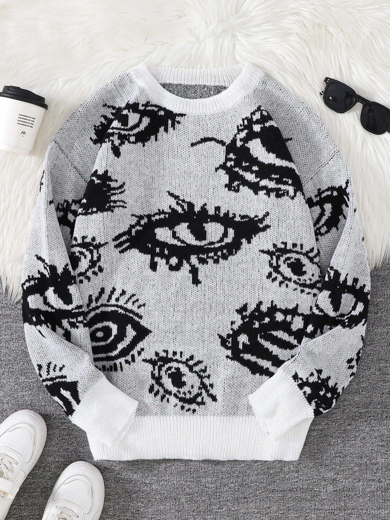 New Popular Autumn and Winter Abstract Eye Jacquard Pattern Pullover Sweater Casual Round Neck Knitted Men's Pullover