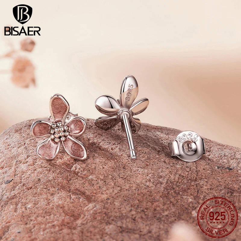 BISAER Autumn Flowers Stud Earrings 925 Sterling Silver Yellow Enamel Process Stud Ear for Women Party Fine Jewelry Gifts