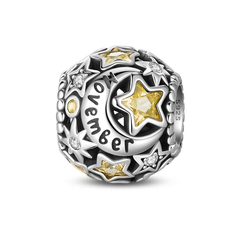 Genuine 925 Silver 12 Month Round Star Shining Zircon Charms Beads Fit 3mm 925 Original Bracelets Fine DIY Birthday Jewelry