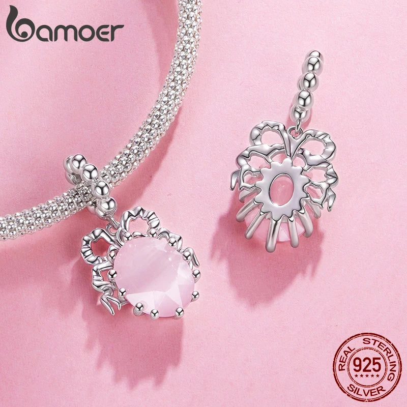 BAMOER 925 Silver Pink Party Series Pendant Transparent Bow Beads for Women Sweet Girl DIY Birthday Gift Jewelry Accessories